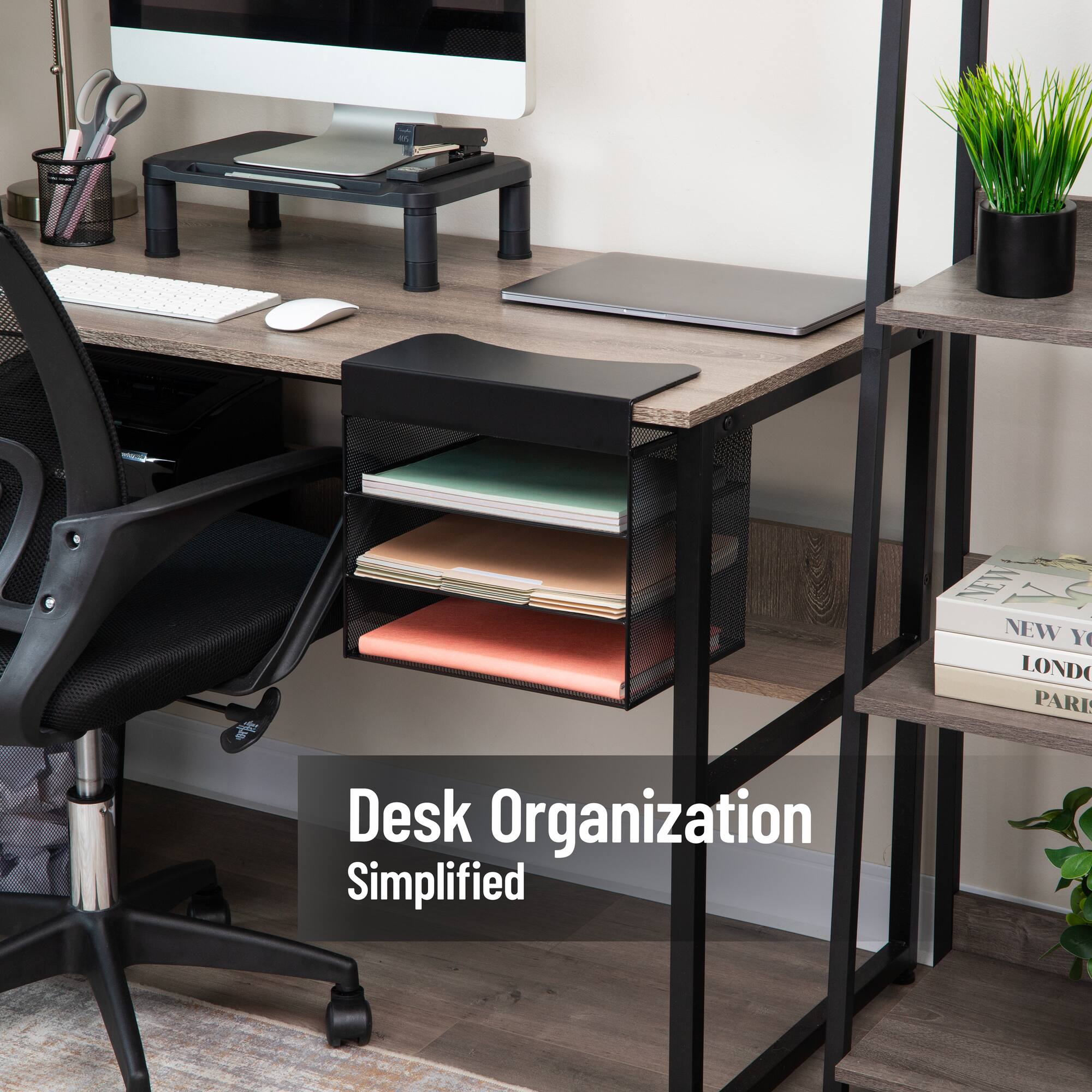 Mind Reader Slide-On Under Desk File Organizer, No Tools Required, Hanging Storage for Laptops, Folders, and Notebooks, Metal